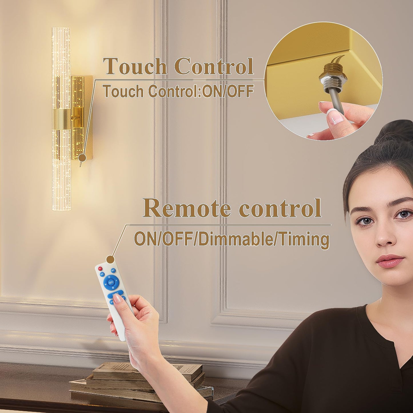 camuucci Battery Operated Wall Sconces Set of 2 Rechargeable Battery Powered Wall Light with 12000mAh Not Hardwired Dimmable Wall Lamp Fixtures for Bedroom Living Room Gold 15.3 Inches