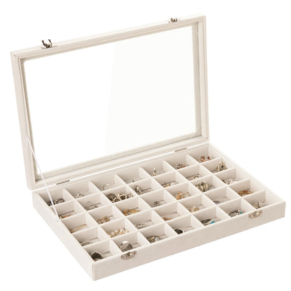 Frebeauty Velvet Jewelry Tray,35 Grid Jewelry Organizer with Clear Lid,Earring Holder Organizer Case with Clasp,Drawer Insert for Rings Studs,13.8 x 9.5 x 2 Inches,Gift for Women Girls(Beige)