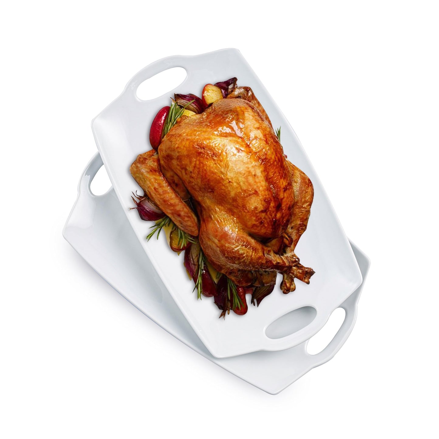 Turkey Serving Platter for Entertainment, Thanksgiving, Turkey, Serving Tray with Handles Large, Party, Display, LYEOBOH 16 inch Rectangle Porcelain Platters Set of 2, White