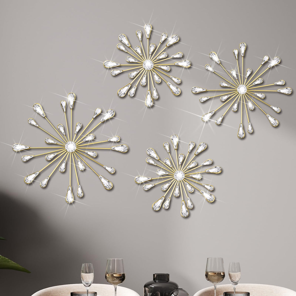 Hicarer 4 Pcs Starburst Wall Decor Bling Wall Art Crystal Teardrop 3D Hanging Rhinestone Radial Metal Artwork Modern Accent Sculptures Decorations for Living Room Home Office Bedroom(Gold)