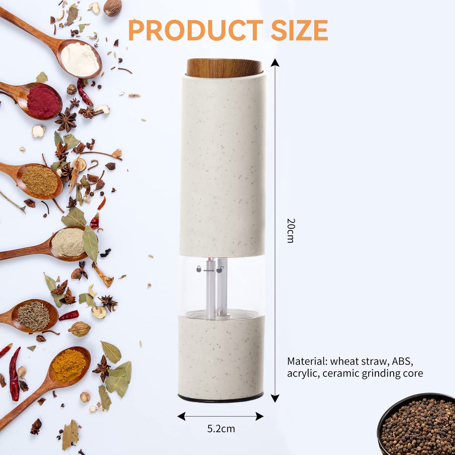 AmaCielo Electric Salt and Pepper Grinder, Pepper Grinder Set 2pcs, Wheat Straw Eco-friendly Material Automatic Pepper Salt Grinder, Adjustable Roughness, One Hand Operation