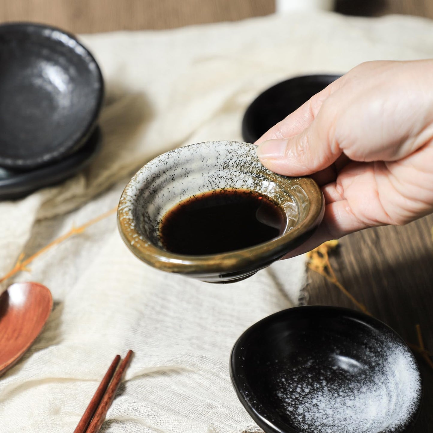 Bicuzat Set of 5 Japanese Vintage Style Ceramic Side Dishes - Retro Black Seasoning Dishes - 3.5 Inch