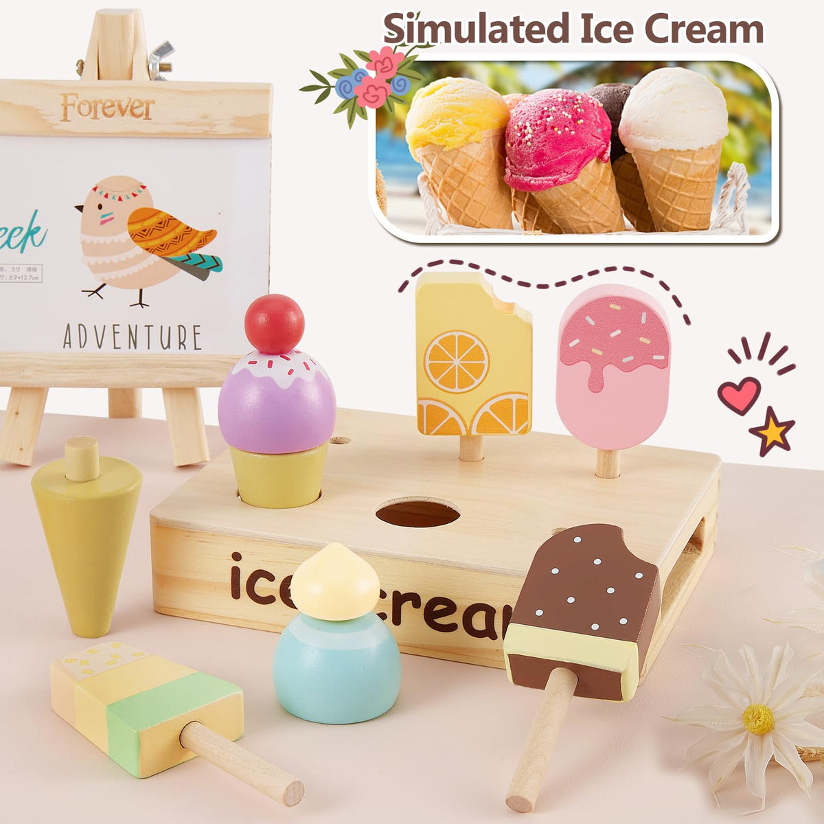 HERSITY Wooden Ice Cream Stand for Kids, Ice Cream Popsicle Toy Pretend Play Food Kitchen Accessories Playset Lolly Shop Games for Toddlers Girls Boys 3 4 5 Years Old