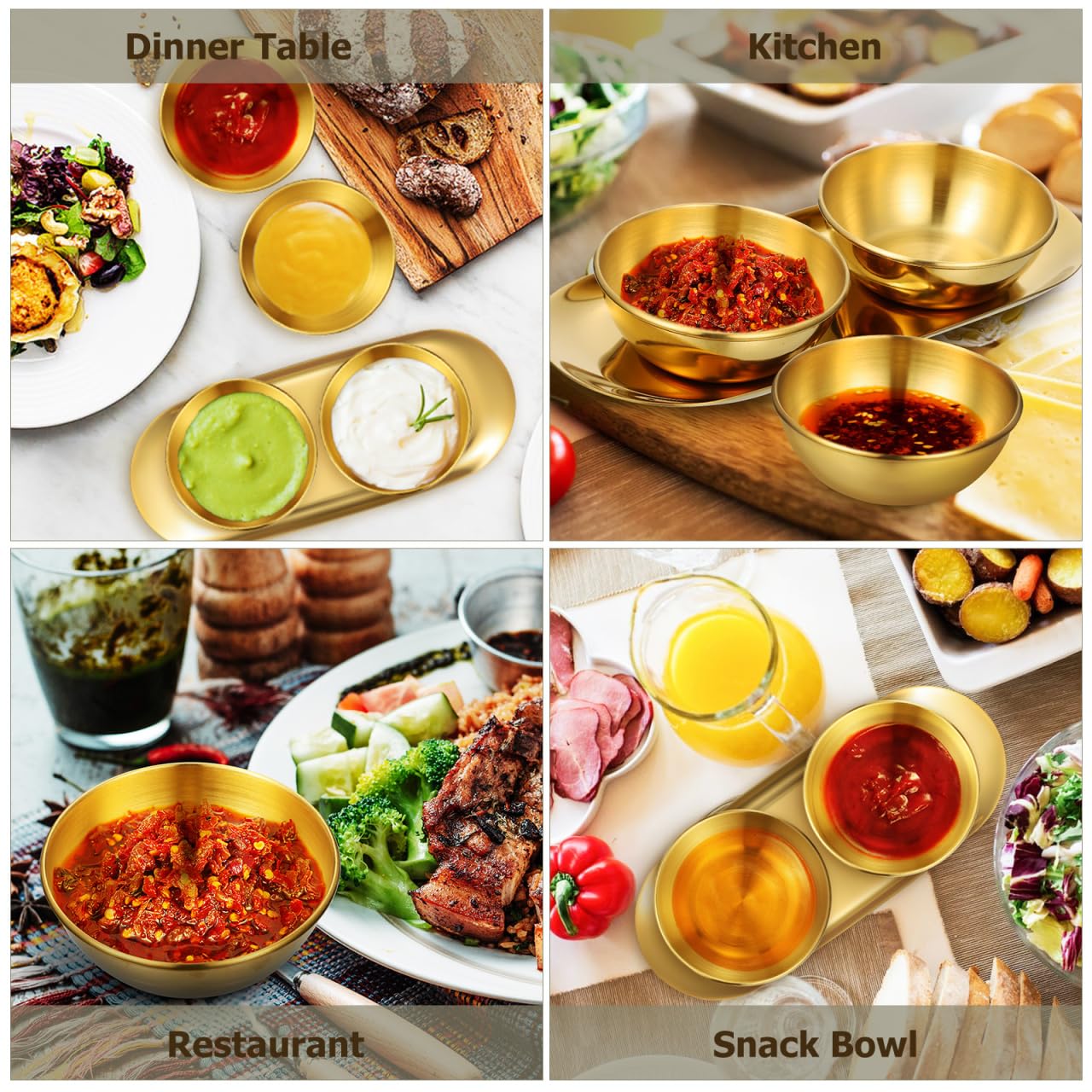 AUTSUPPL Gold Stainless Steel Sauce Bowl Tray Set with 6 Small Dipping Bowls and 2 Decorative Oval Trays for Sushi Seasoning and Home Dining
