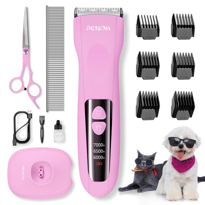 Petopia Dog Clippers for Grooming - Low Noise Electric Dog Trimmer Cordless Rechargeable Dog Hair Clippers, 3-Speed & LCD Dog Grooming Kit for Dogs Cats Pets (Pink)