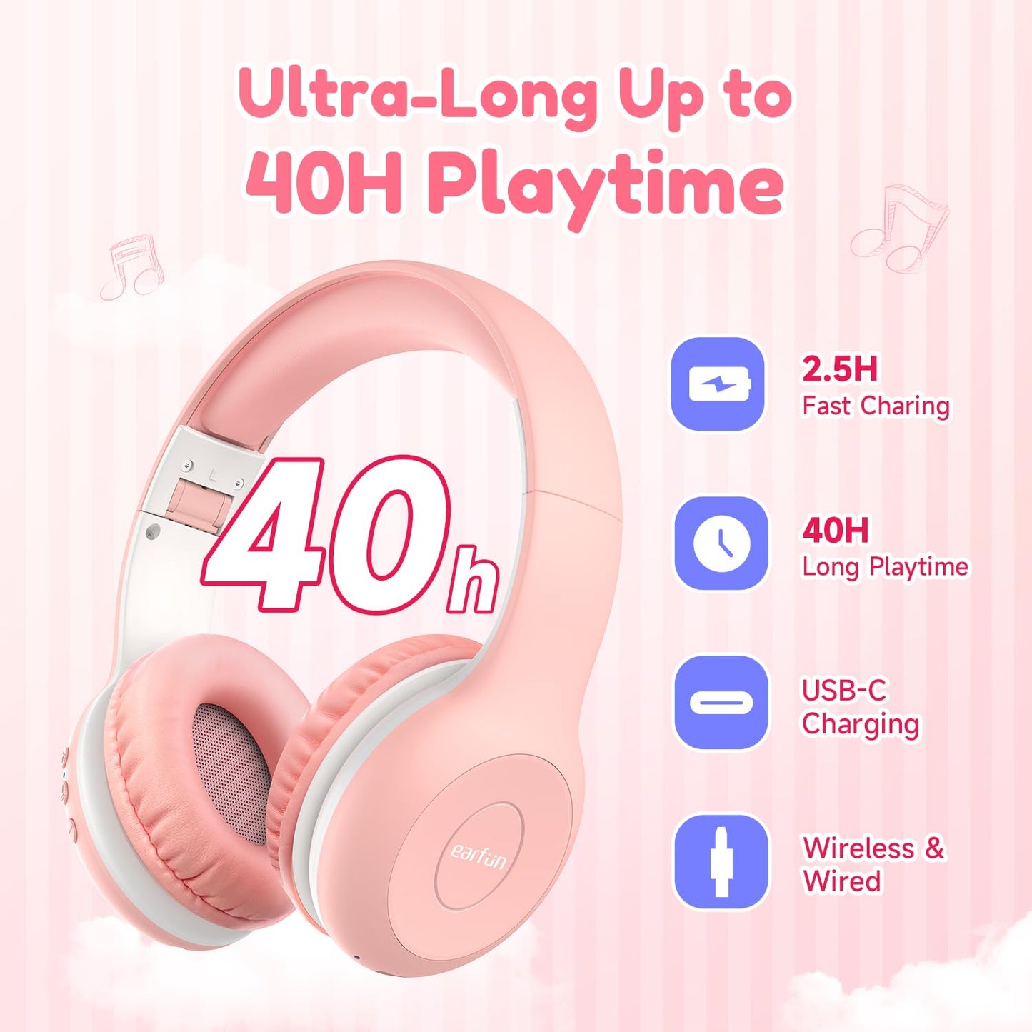 EarFun Kids Headphones Wireless, Bluetooth 5.4 Headphone for Child with Mic, 85/94dB Volume Limited Foldable Over Ear, Hi-Fi Stereo Sound, 40H Playtime, Gifts for Girl, Tablet/Phone/PC, School/Travel
