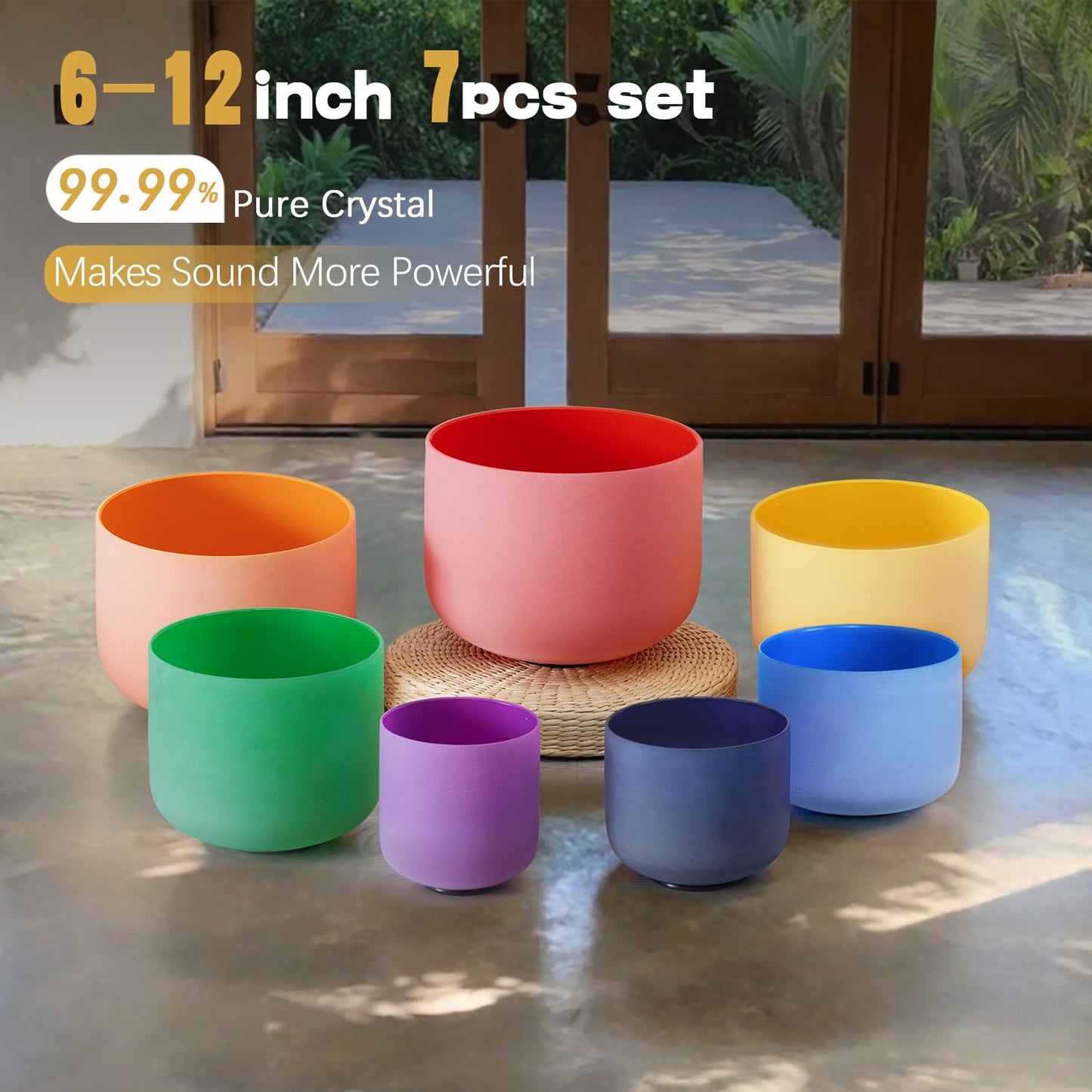 CVNC Set Of 7 PCS 440HZ 6-12 Inch Colored Frosted Chakra Quartz Crystal Singing Bowls Sound Healing Instrument with 2 PCS Travel Carry Case Bag for Meditation