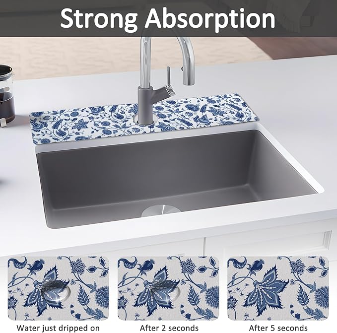 24" X 5.5" Kitchen Sink Splash Guard Faucet Mat Flora Super Absorbent Fast