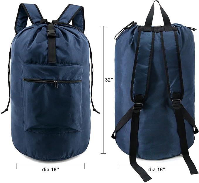 BeeGreen Navy Blue Travel Laundry Bag w Drawstring & Handle College Dorm Room