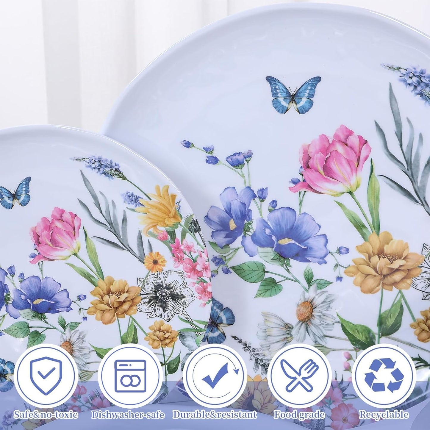 Lechoo 12 Piece Melamine Dinnerware Sets - Plates And Bowls Sets Floral Dinnerware Sets- Spring Camping Dishs Indoor Outdoor Use,Flowers And Butterflies Pattern