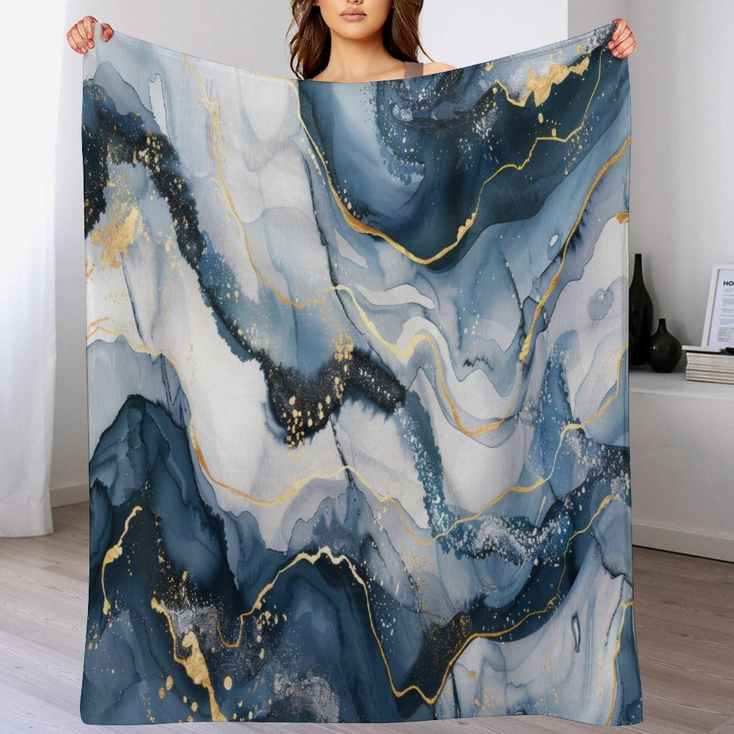Marble Throw Blanket, Modern Abstract Foil Stone Texture Gold Navy Blue Marble Super Soft Fuzzy Fluffy Blanket for Couch & Bed, Cozy Sofa Warm Blanket for Travel Camping 40"x50"
