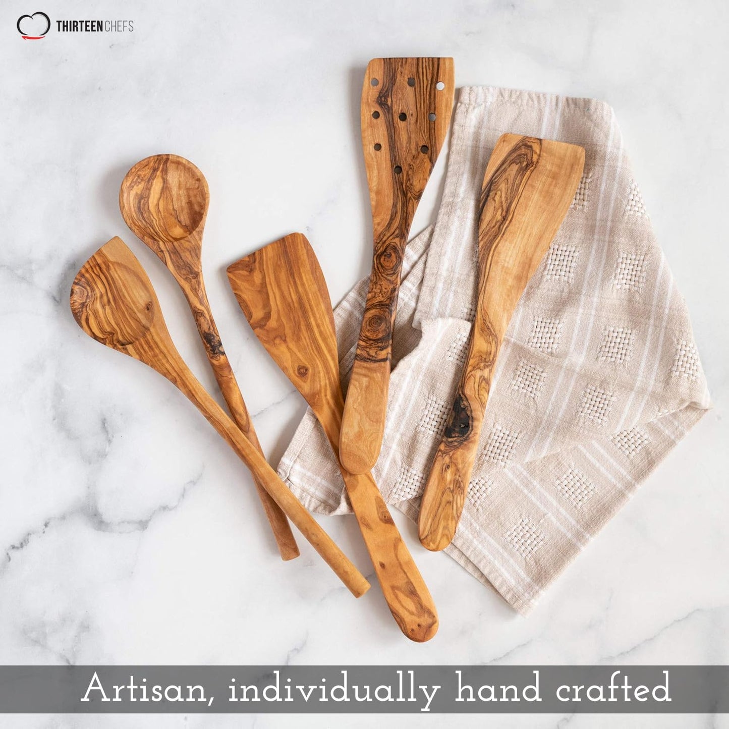 Tramanto Olive Wood Utensil Set - 5 Piece Spatula and Spoon Wooden Cooking Tools, 12 Inch Long, Rustic Hand Made with Gift Box
