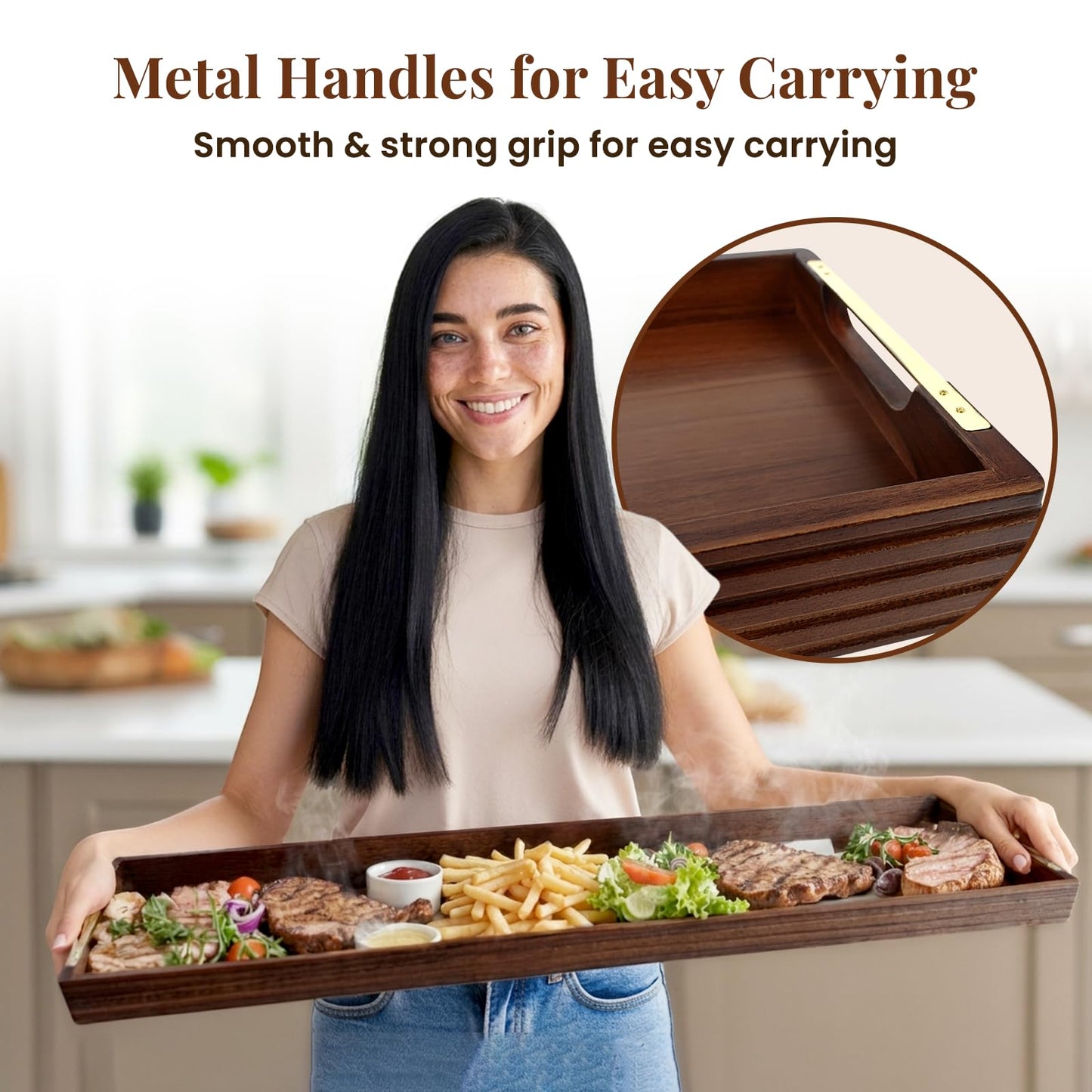 36" Acacia Wooden Charcuterie Board with Handles, Extra Long Cheese & Serving Tray for Party Appetizers, Bread, Meat & Fruit Display, Natural Wood Kitchen Platter for Entertaining