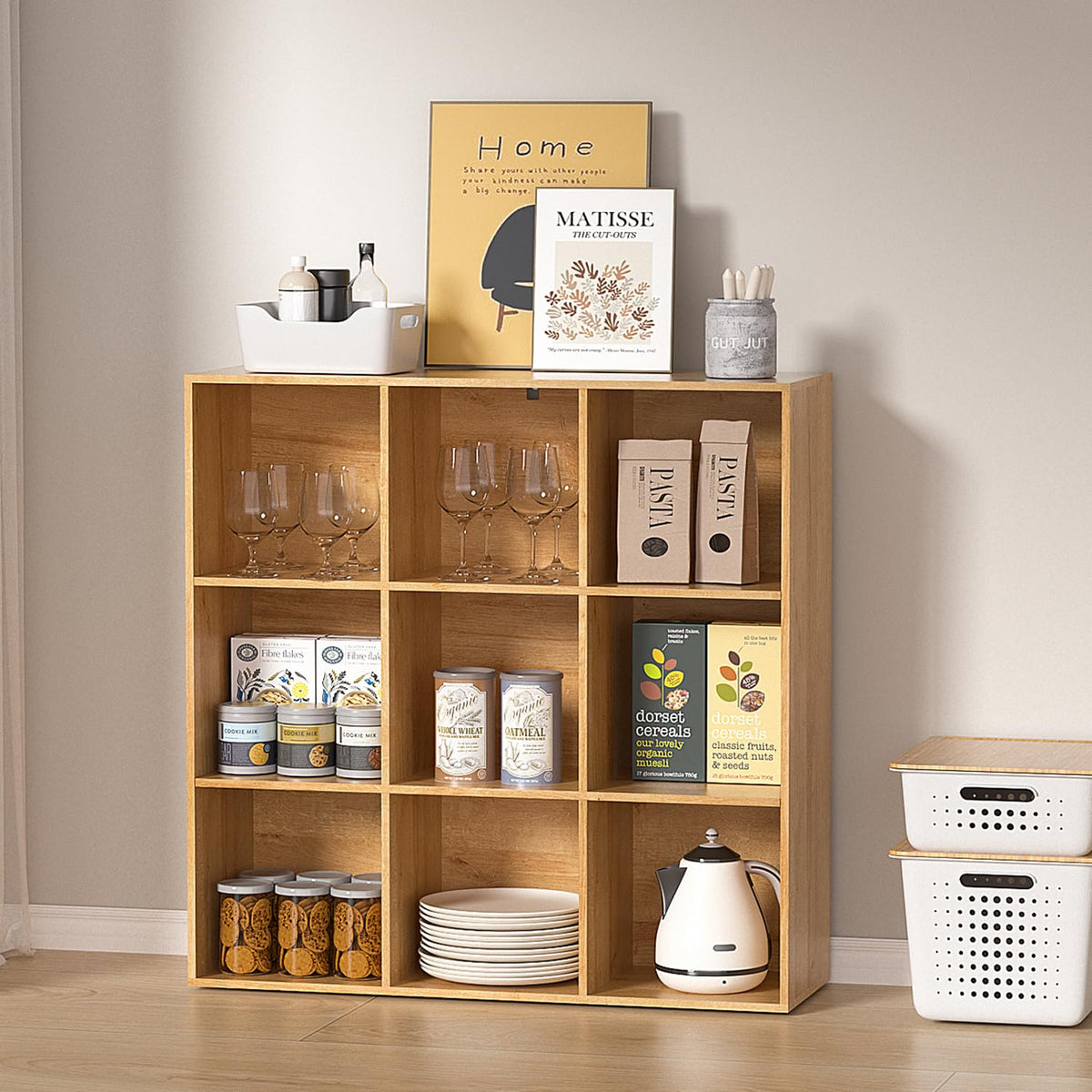 NewBeth Wooden 9 Cube Storage Organizer with Closed Back Panel,White Cube Shelf Cubby Storage Organizer with Compartments for Living,Bookshelf, Easy to Install (Oak, 9 Cube-11in)