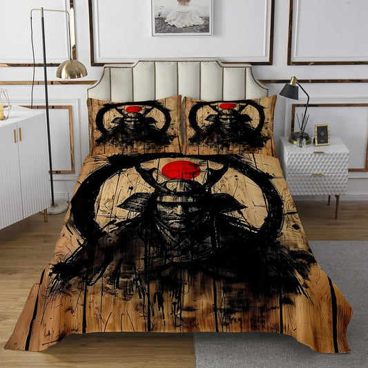 Homewish Japanese Samurai Bedspread King Size,Black Graffiti Bedding Set 3Pcs for Kids Girls Boys Adult Room Decor,Swordsman Art Quilt Comforter Rustic Brown Wooden Coverlet,2 Pillowcases