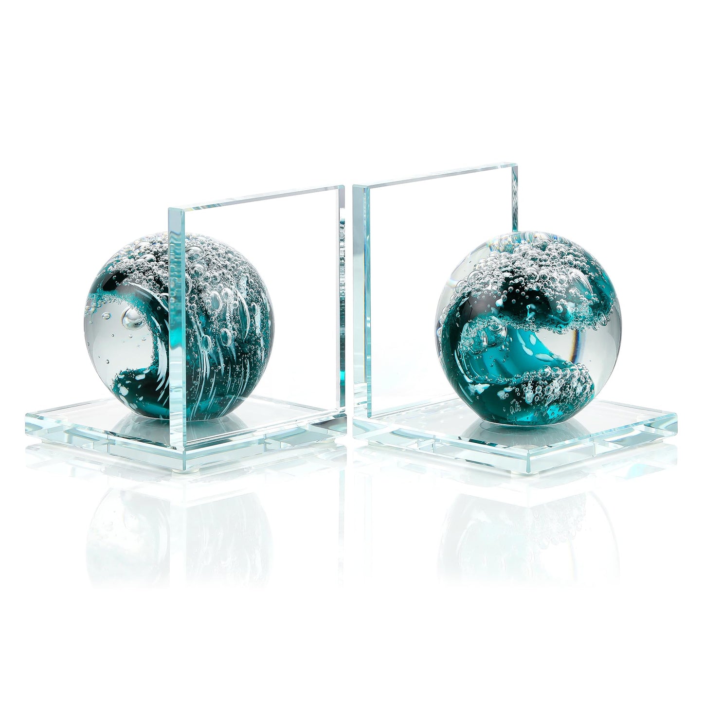 Book Ends for Shelves, Glass Bookends with Dark Blue Glass Hand Blown Sea Wave Ball, Non Skid Sturdy Decorative Bookends for Ocean Lovers, Heavy Books, Office, Set of 2