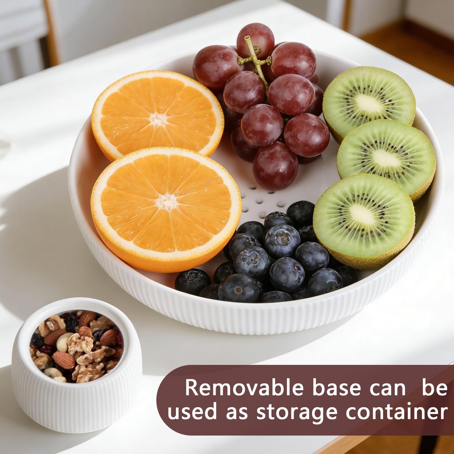FAAYUCK Ceramic Fruit Bowl, 10" White Fruit Bowl for Kitchen Counter with Drainage Hole, Removable Pedestal Fruit Bowl with Non-Slip Pad, Large Decorative Fruit Bowl for Fruit, Vegetable, Salad, Snack