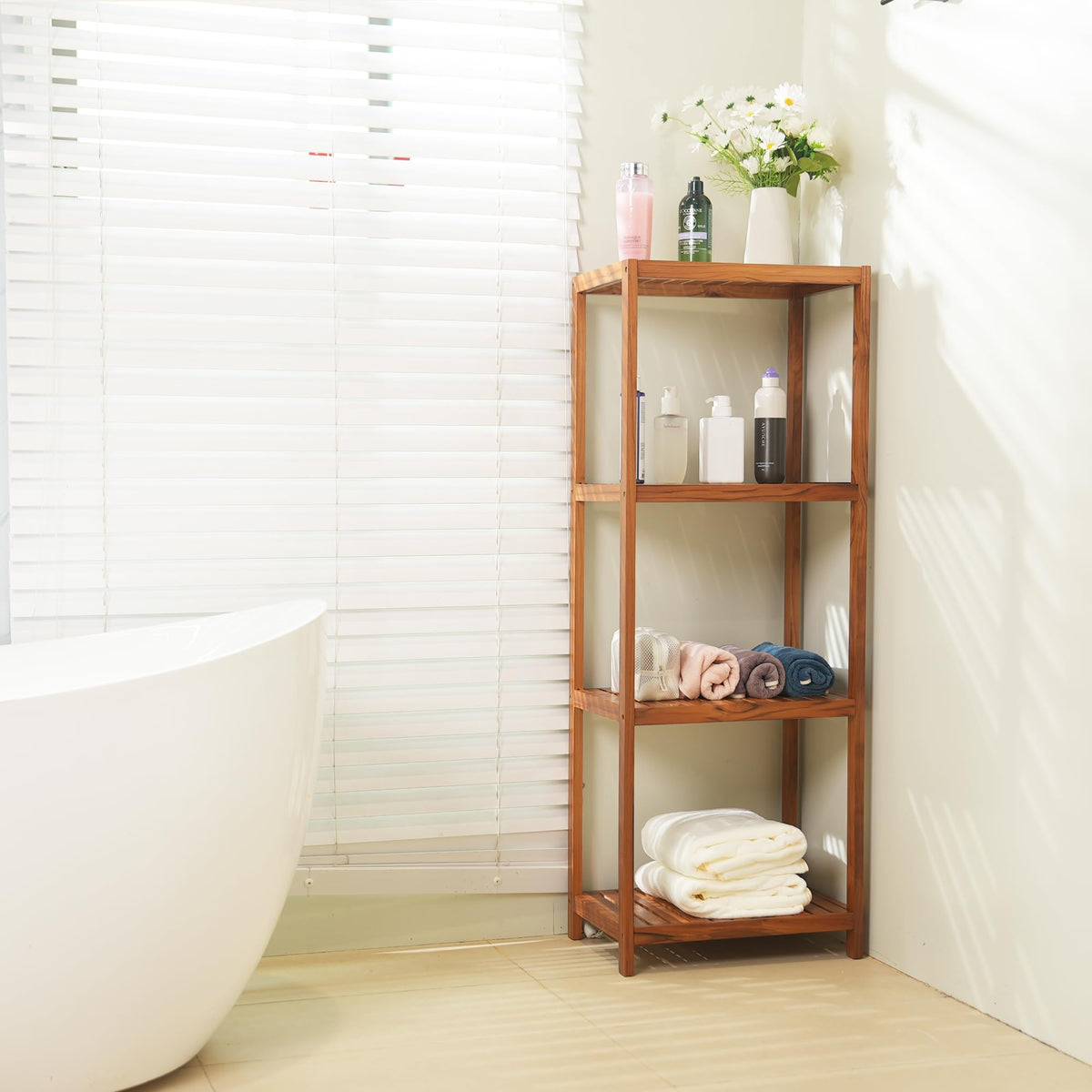 VaeFae Teak Bathroom Shelf, 4-Tier Storage Shelf, Wooden Stand Shelf Organizer for Bathroom, Kitchen, Living Room, Laundry, Garage