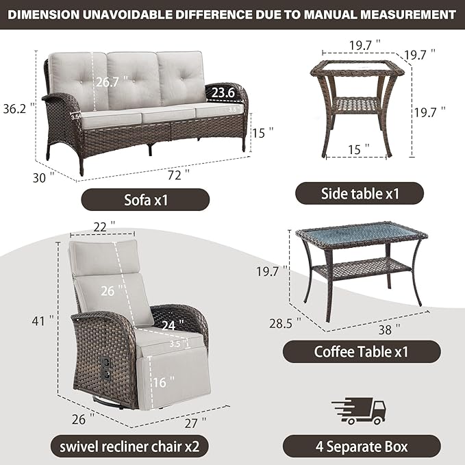 5 Piece Patio Furniture Set with Swivel Recliner Chair - Removable Outdoor Patio Couch Set, Chaise Lounge Chair Outdoor with Adjustable Backrest and Footrest and Coffee Table for Casual Gathering