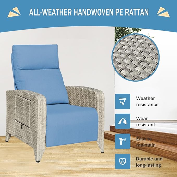 Outdoor Recliner Chairs Set of 2, Reclining Patio Chairs with Adjustable Back up to 150°Lay Flat and Extended Footrest, Wicker Recliner Chairs with Flip Table and Removable Olefin Cushion