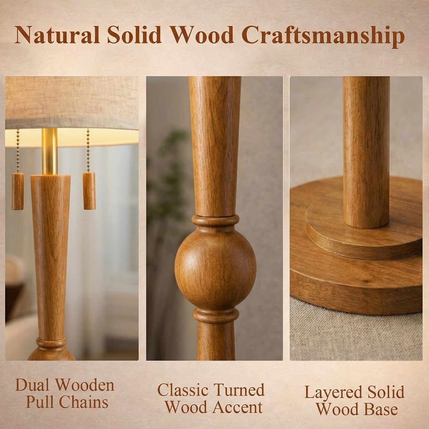 MOFFE 62.8" Solid Wood Floor Lamp,Tall Standing Floor Lamp with 2-Light Pull Chain, 17" Linen Drum Shade, Sculptural Wood Base & Stem,Transitional Floor Lamp for Living Room Bedroom, Includes 2 Bulbs