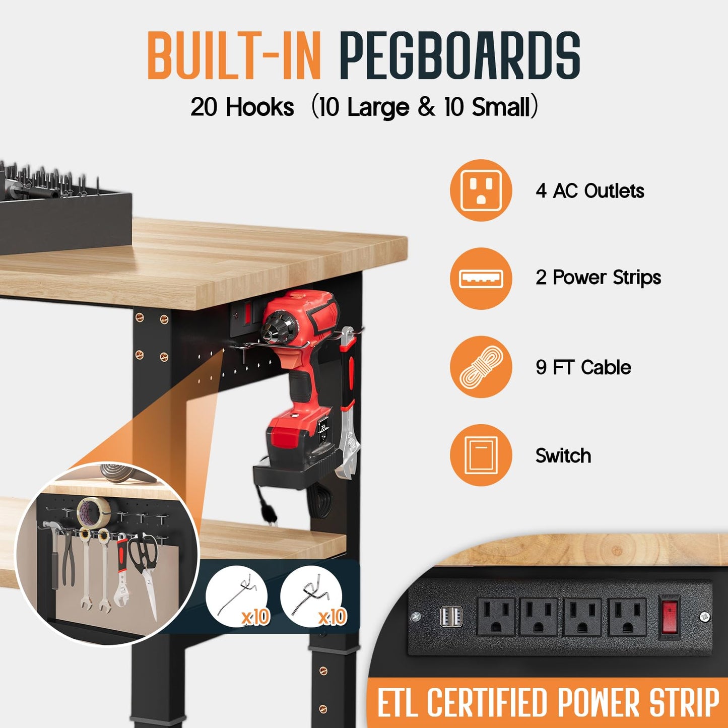 SPECRAFT 48"x20" 2-Tier Adjustable Workbench with 4 AC Outlet and 2 USB Ports Power Outlets, 2500 Lbs Capacity Heavy Duty Workbench, Rubber Wood Top for Garage, Workshop, Office