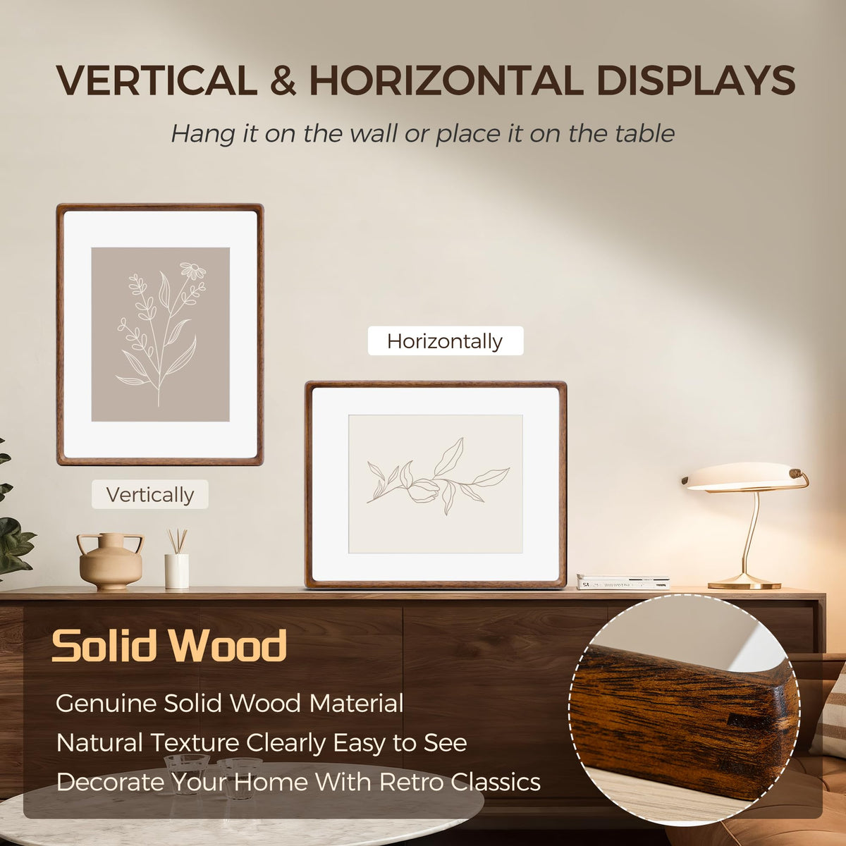 11 x 14 Picture Frame,Solid Wood Photo Frame with Tempered Glass,Desk Picture Frames 8 x 10 with Mat or 11 x 14 Without Mat for Wall Decor
