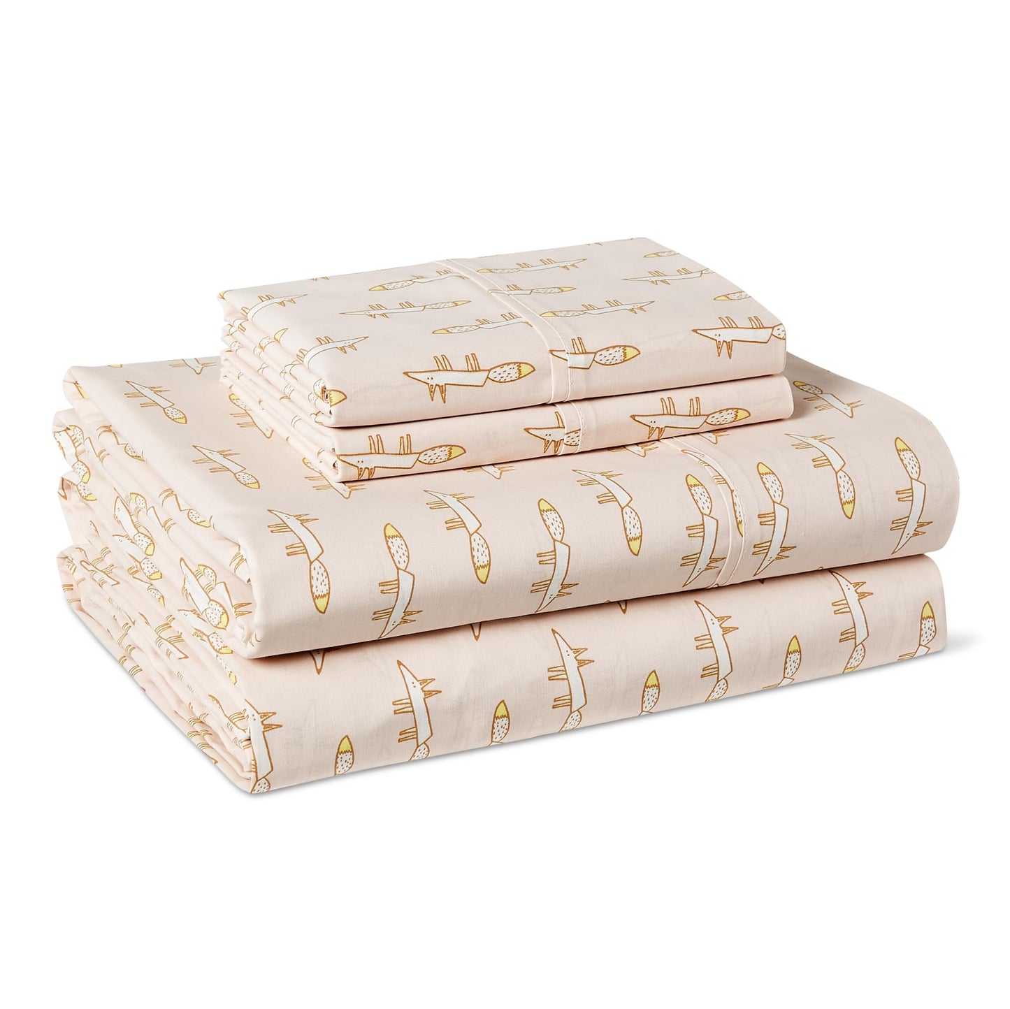 Amazon Basics 100% Organic Cotton Kids' Sheet Set with Pillowcase, Full Size, Pale Pink Fox