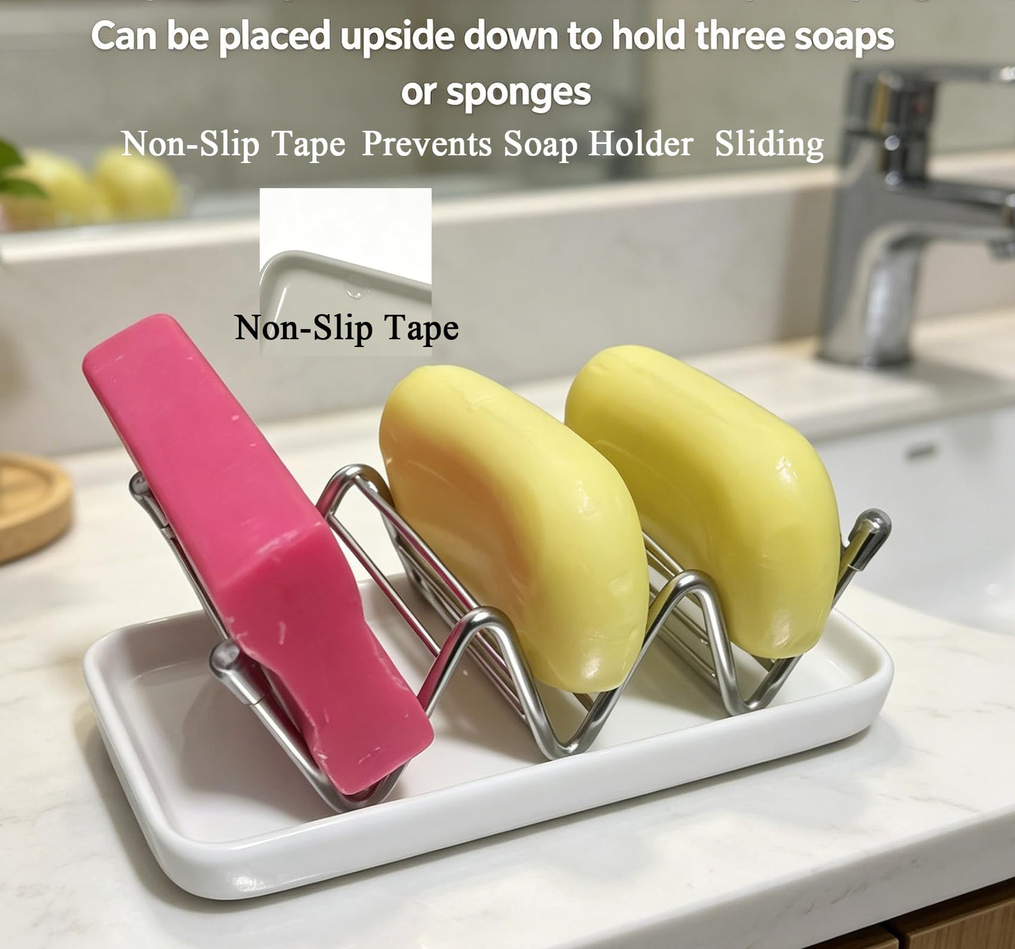 304 Stainless Steel Soap Holder with Ceramic Drain Tray, Rustproof Wire Rack Self-Draining Soap Dish Organizer for Bathroom Shower, Kitchen Sink, Countertop, Sponge Storage (Creamy White)
