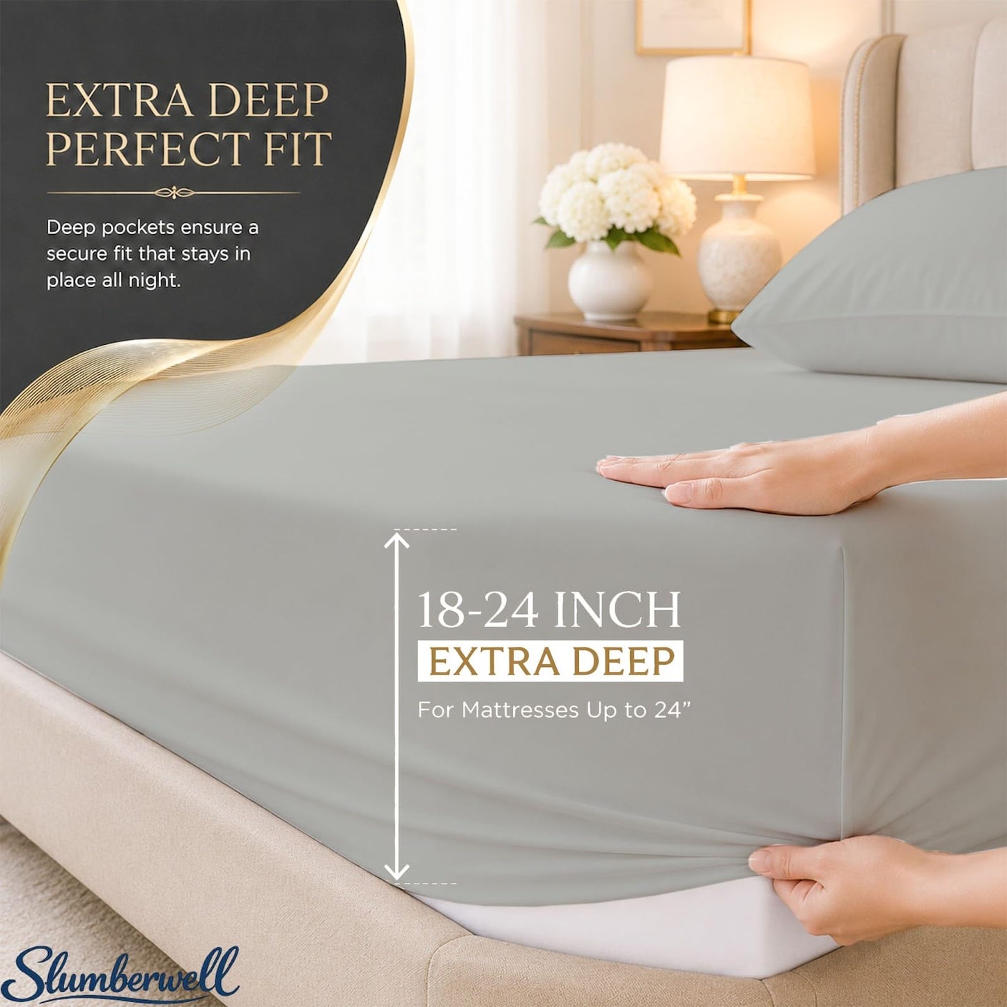 SlumberWell King Sheet Set, 4 Piece Microfiber Sheets, Extra Deep Pocket (18–24 Inch), Fits Thick Mattress, Soft Breathable & Wrinkle-Resistant, Light Grey