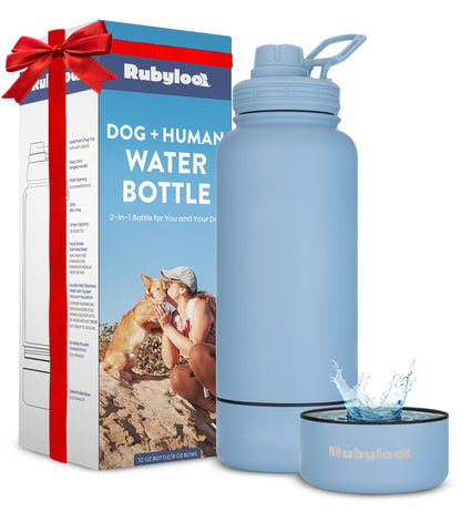 Dog Water Bottle for Dog Lovers - 32 oz Stainless Steel Double Wall Insulated Water Bottle with 8 oz Detachable Bowl on Bottom for Doggy Lovers for Christmas - Dusty Blue