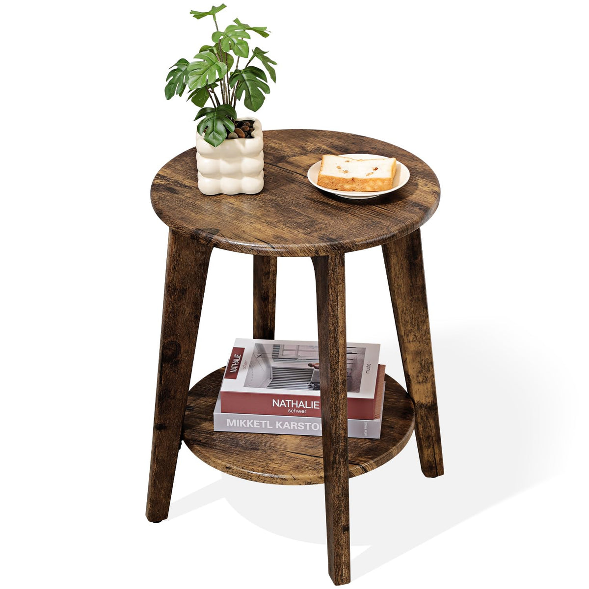 Small Round Side Table Wooden End Table with Lower Shelf Modern Nightstand Bedside Table for Small Spaces, Living Room, Bedroom Retro Brown