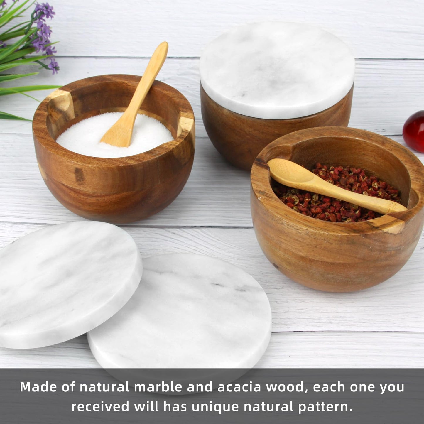 HESHIBI Salt Cellar Box with Lid & Spoon, Modern White Stone Salt or Pepper Sugar Spice Seasoning Bowl Container Jar Holder Well Keeper Dish Pig Crock for Kitchen (White Grey Marble Lid)