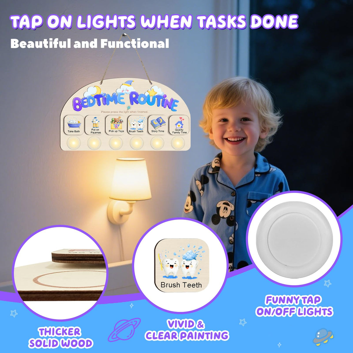 AINBIN Bedtime Routine Chart for Toddlers, Visual Schedule Chart Night to Do List with 6 Tap Lights & 10 Activity Cards Planning, Wooden Checklist Task Schedule Board for Kids, Autism, ADHD Planner