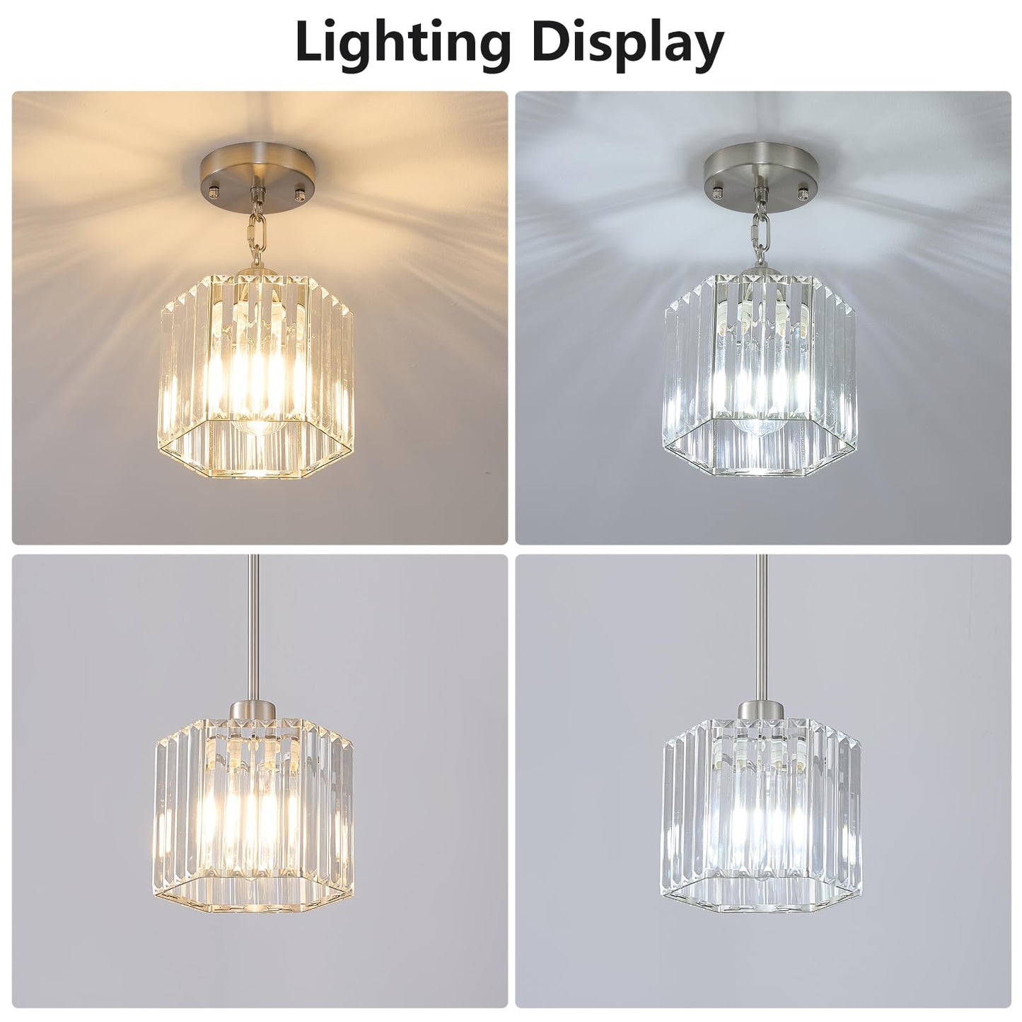 XSDeTu Brushed Nickel Pendant Light Fixtures, Modern Crystal Hanging Ceiling Light, 1-Light Mini Farmhouse Chandelier, Adjustable Hexagonal Island Lights for Kitchen, Dining Room, Bedroom, 2 Pcs