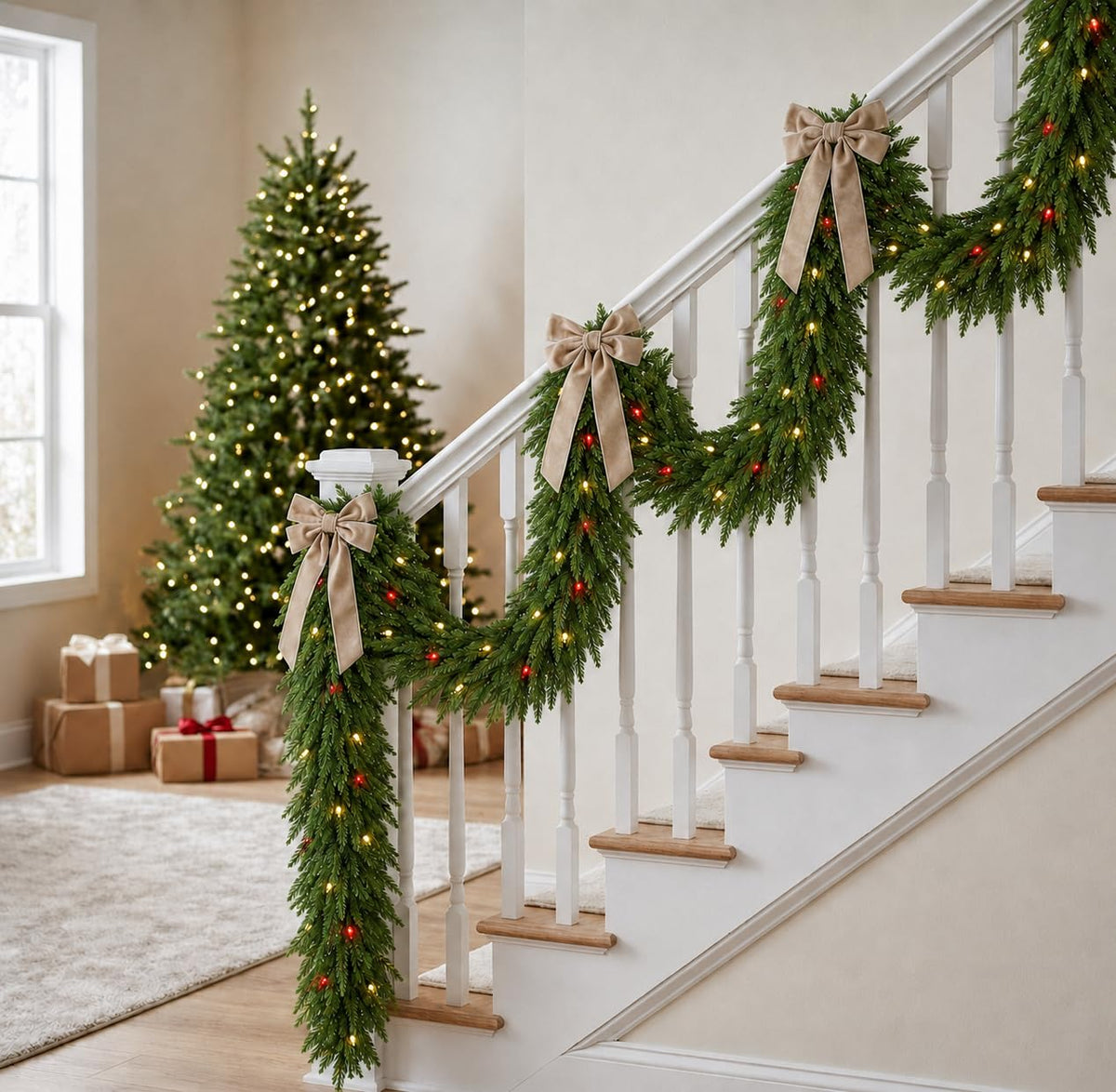 FesNiva 2 Pcs Artificial Norfolk Pine Garland – Winter Greenery Garland for Christmas Decorations, Ideal for Mantle, Table, Fireplace & Holiday Home Decor (9 FT)