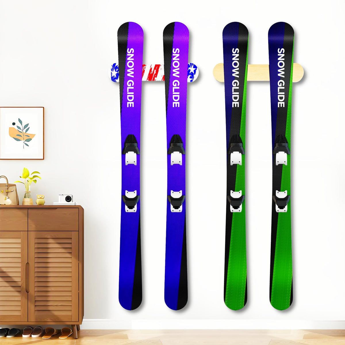 Evjocoh Wooden Ski & Snowboard Wall Mount Horizontal, Skateboard Wall Rack with Screws, Snowboard Display Stand, Indoor Snowboard Storage for Room, Garage (2, wood)
