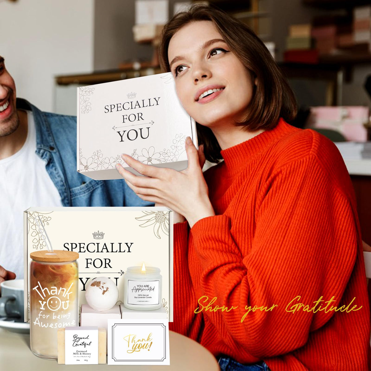 Thank You Gifts for Women, Administrative Professional Day Gifts for Women, Employee Teacher Appreciation Gift Set for Coworker Boss Secretary, Thank You Box with Being Awesome Glass Candle Card
