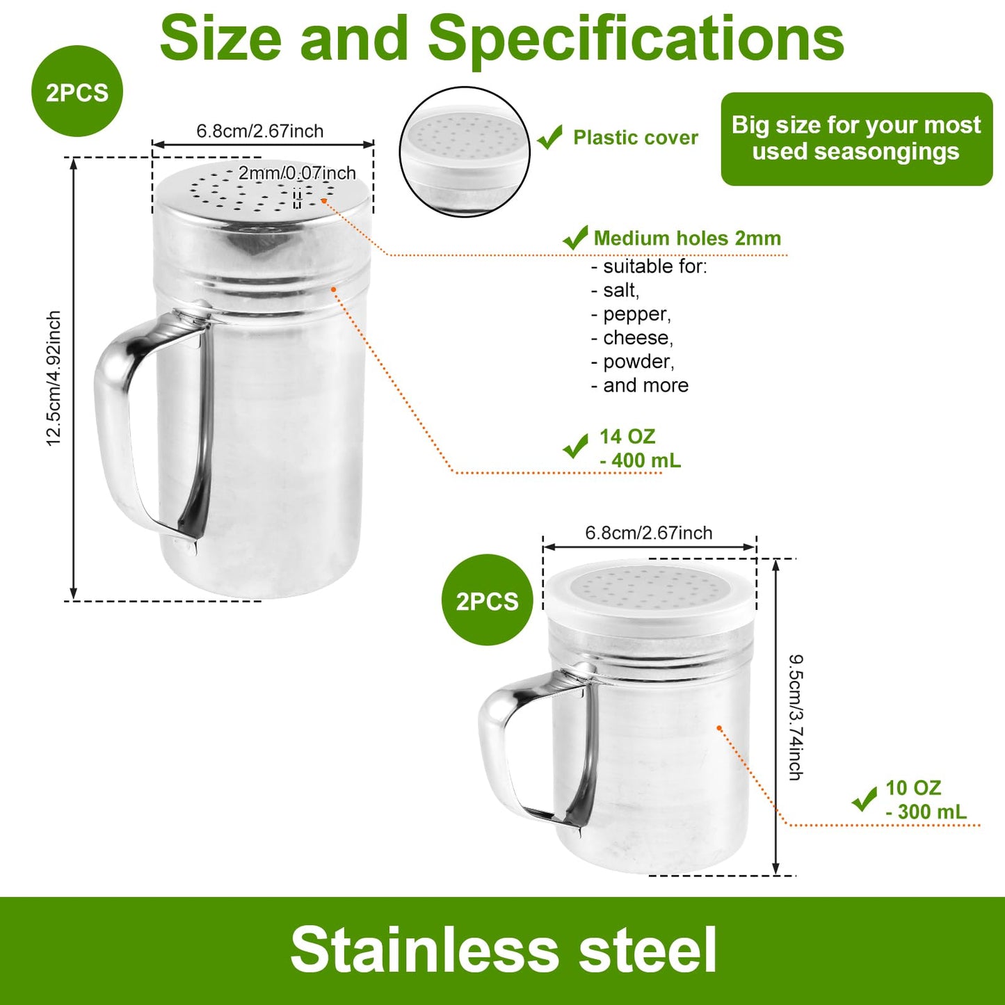 BXUYAOXMC 4 Pcs Stainless Steel Salt and Pepper Shakers Set, 10oz & 14oz Spice Shakers with Handle and Airtight Lid, Large Holes for Powdered Sugar, Flour, Cheese, BBQ Rubs – Kitchen Storage