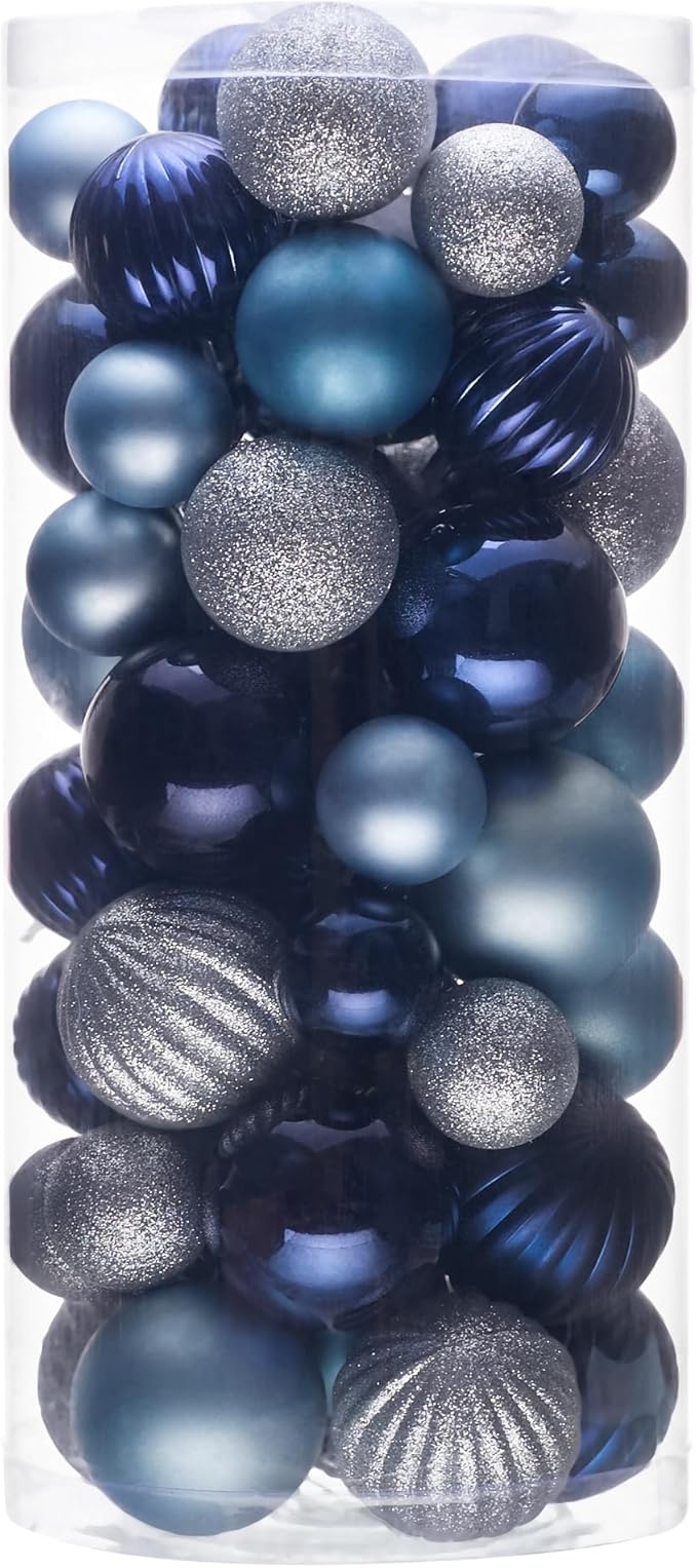 50ct Christmas Balls Ornaments for Xmas Tree, Navy Blue Silver Shatterproof Christmas Tree Decorations Hanging Ball for Holiday Party Decor(1.57"-2.36")