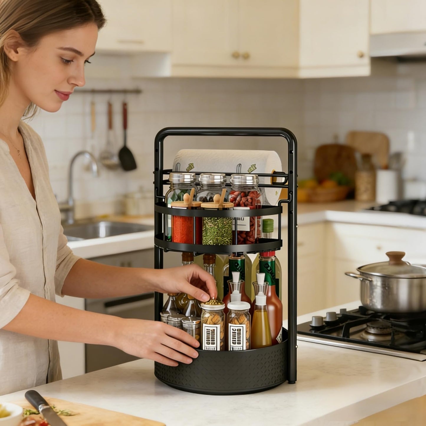 CLOKTA Rotating Spice Rack with Paper Towel Holder, 2 Tier Turntable Lazy Susan, Seasoning Organizer for Kitchen Countertop Cabinet, Black