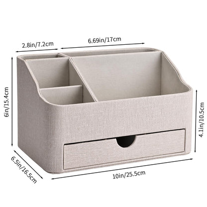 KINGFOM PU Leather Desk Organizer with Drawer, 5 Compartments Desktop Storage Caddy for Office & Home Supplies, Pen Holder for Remote Control, Phone & Accessories, Mail Organizer Countertop(Beige)