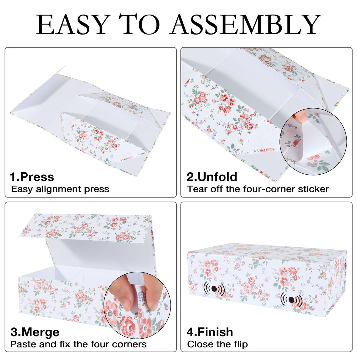 LFBOX Rose Floral Gift Box with Magnetic Lids 13.8x8.3x4.4 in, Large Bridesmaid Proposal Boxes, Rectangle Wedding Decorative Storage Box 3 Pack