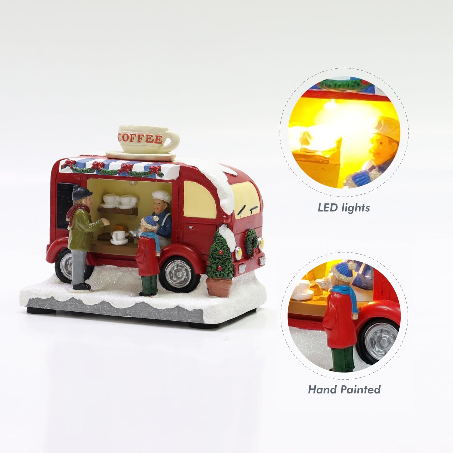 MOMENTS IN TIME Christmas Coffee Truck Village Scene Lighted LED Holiday Decor Battery Operated Hand-Painted Polyresin Coffee Stand