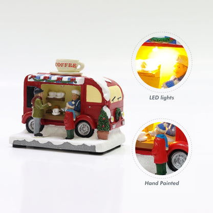 MOMENTS IN TIME Christmas Coffee Truck Village Scene Lighted LED Holiday Decor Battery Operated Hand-Painted Polyresin Coffee Stand