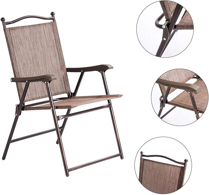 Giantex Set of 2 Patio Folding Chairs, Outdoor Patio Dining Chairs w/Armrest, Sling Back, Metal Frame, Outside Use for Lawn Camping Garden Pool Beach Yard Lounge, No Assembly, Brown