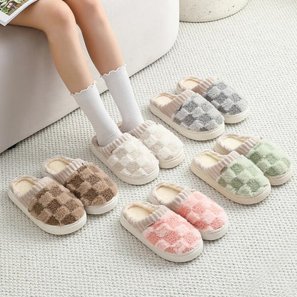 VTTDB Checkered Slipper House Slippers for Women Men Plush Warm Fuzzy Slippers Flyffy Bedroom Shoes Indoor Slip On (8.5-9 Women/7-8 Men,Beige,Numeric Range,Medium,8.5,9)