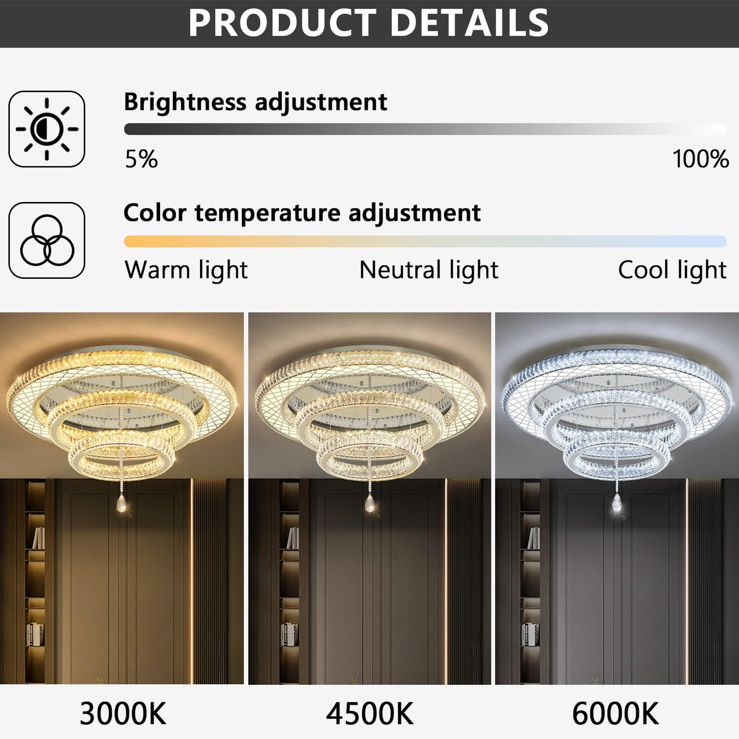 39.4" Modern Crystal Chandeliers Dimmable Lager Chandelier LED Flush Mount Ceiling Light High Ceiling Chandelier for Living Room Dining Room Bedroom Foyer Hallway Entryway Silver