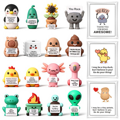 Gejoy 16 Sets Positive Mini Figures Gifts Mini Rubber Toy with Positive Card Bags Miniature Motivational Birthday Gifts to Hide and Seek Encouragement Decorations for Staff Employees Colleague