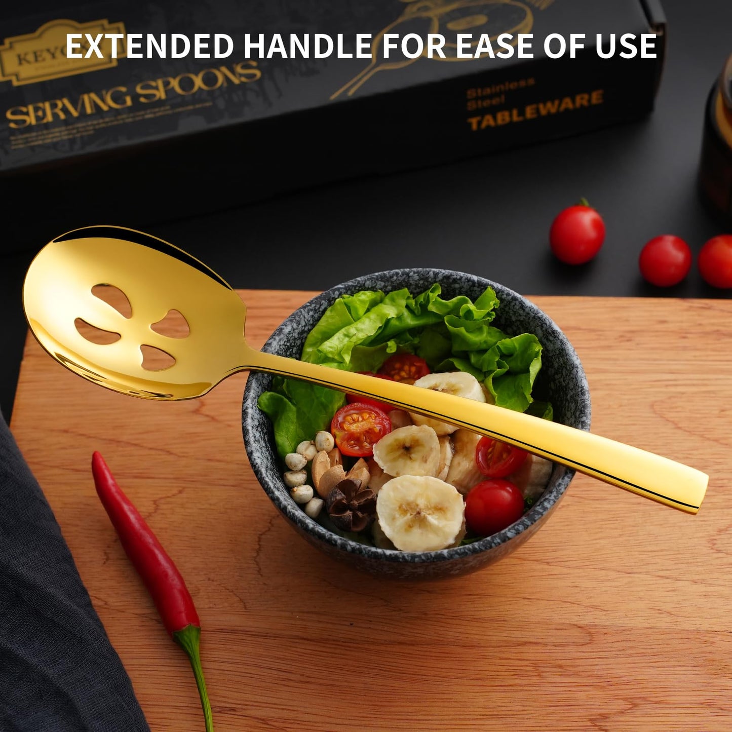 Keyoxy 8 Piece Stainless Steel Serving Spoons Set - 4 Large, 4 Slotted, 9.2-Inch, Dishwasher Safe, for Parties/Kitchen/Buffet/Catering,Gold